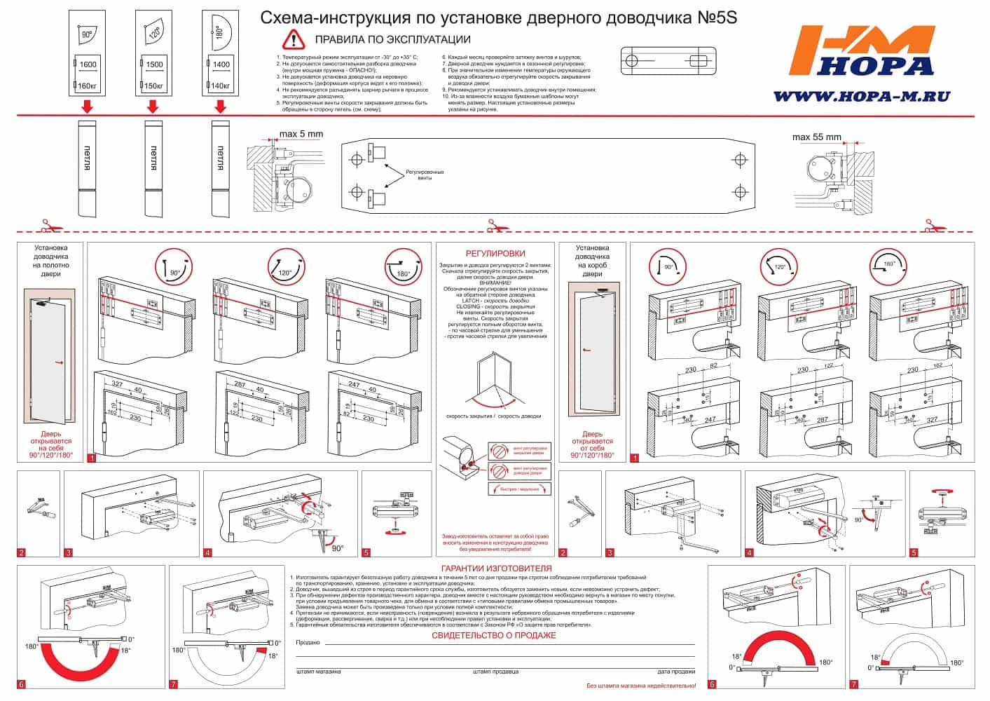 Схема-инструкция по установке дверного доводчика Нора-М 5S 1