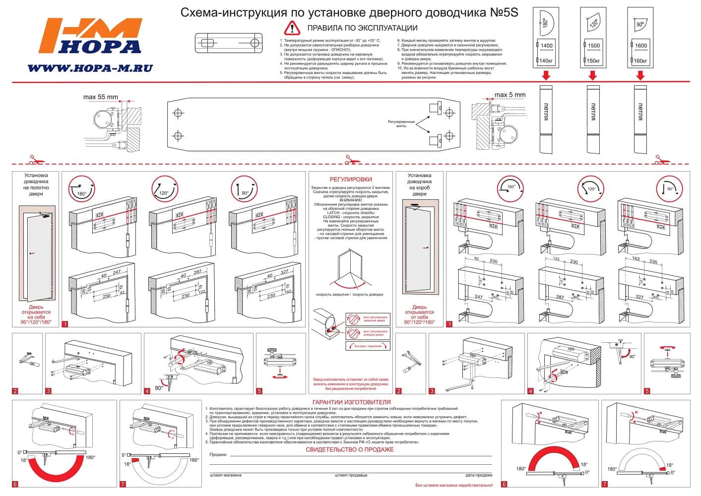 Схема-инструкция по установке дверного доводчика Нора-М 5S 2
