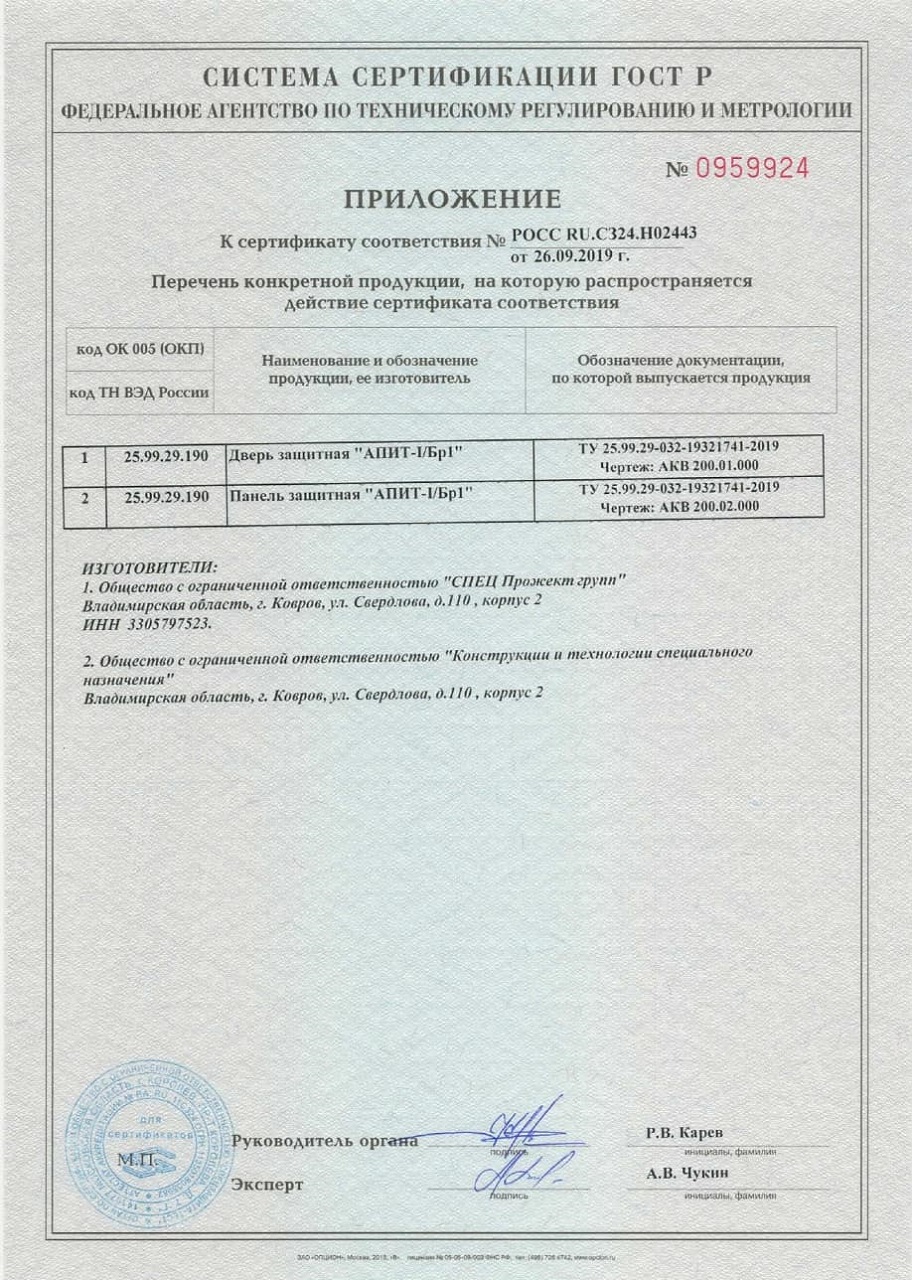 Приложение к сертификату № 0027345